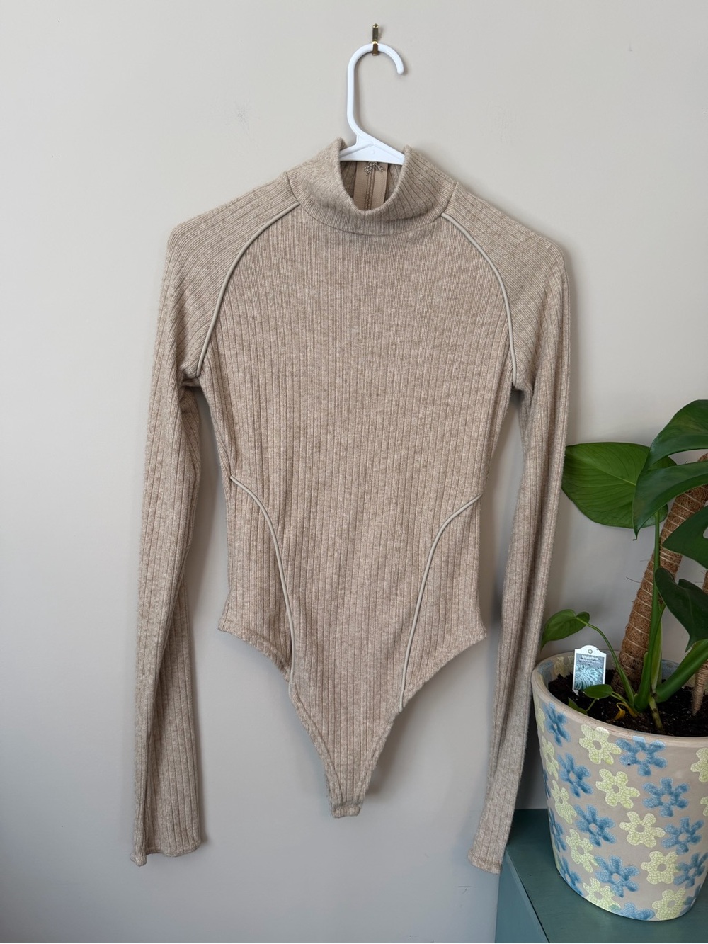Maniere De Voir Neutral Beige Ribbed Zip-Back Bodysuit